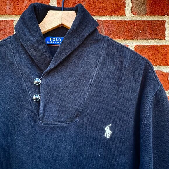 Polo Ralph Lauren Sweater Mens XL Black Shawl Neck Collar Pullover Preppy - Picture 2 of 9
